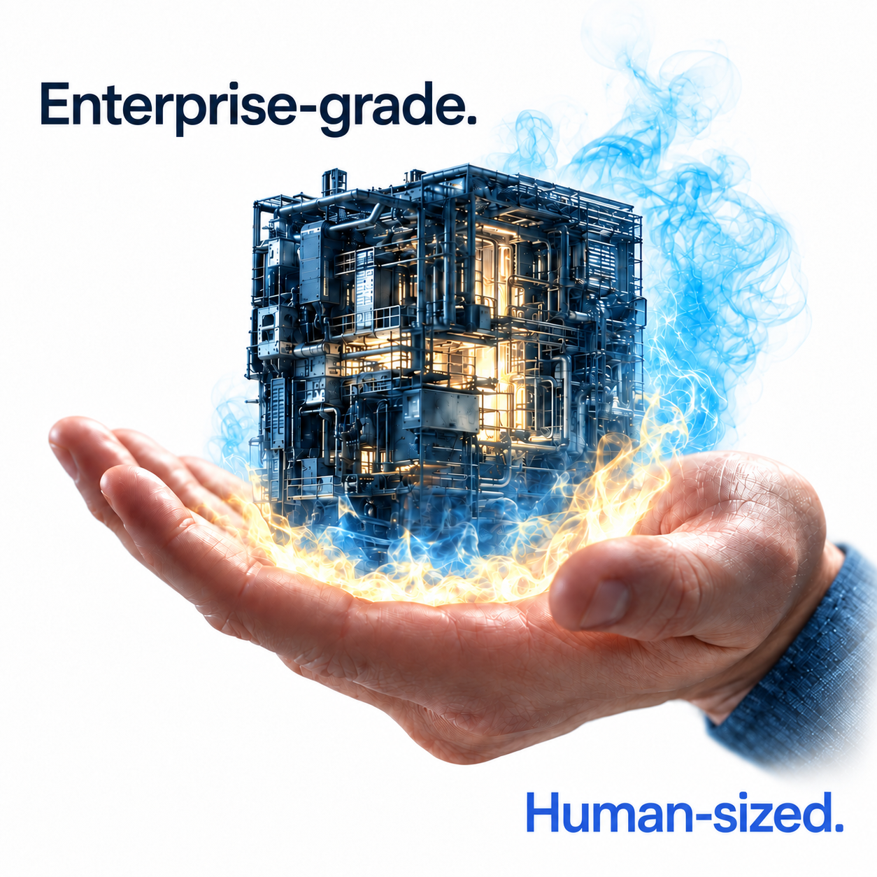 Enterprise-grade. Human-sized. A hand holding a miniature technological structure, recreated from the approved Oceanheart artwork in a light palette.