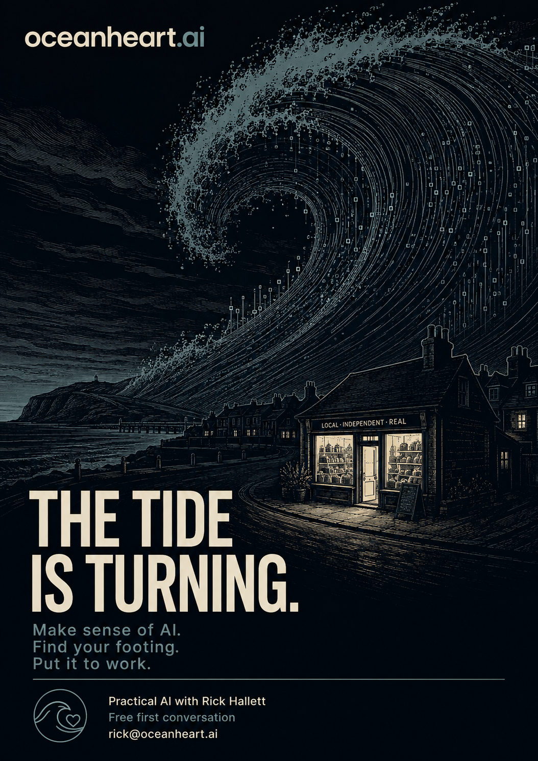 The tide is turning: an engraved wave of digital threads above a small independent coastal business.